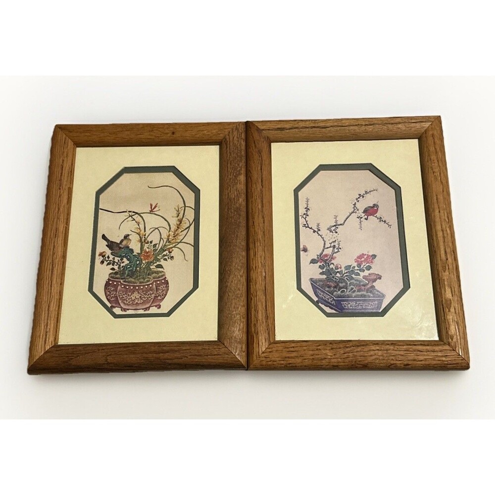 Birds Flowers Art Prints Bonsai Wood Framed‎ Matted Glass Covered 9.5x7.5"